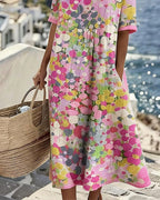 Mikayla | Women's Cotton-Linen Midi Dress, Abstract Floral Print Midi Dress | Direct Attire