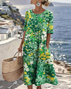 Mikayla | Women's Cotton-Linen Midi Dress, Abstract Floral Print Midi Dress | Direct Attire