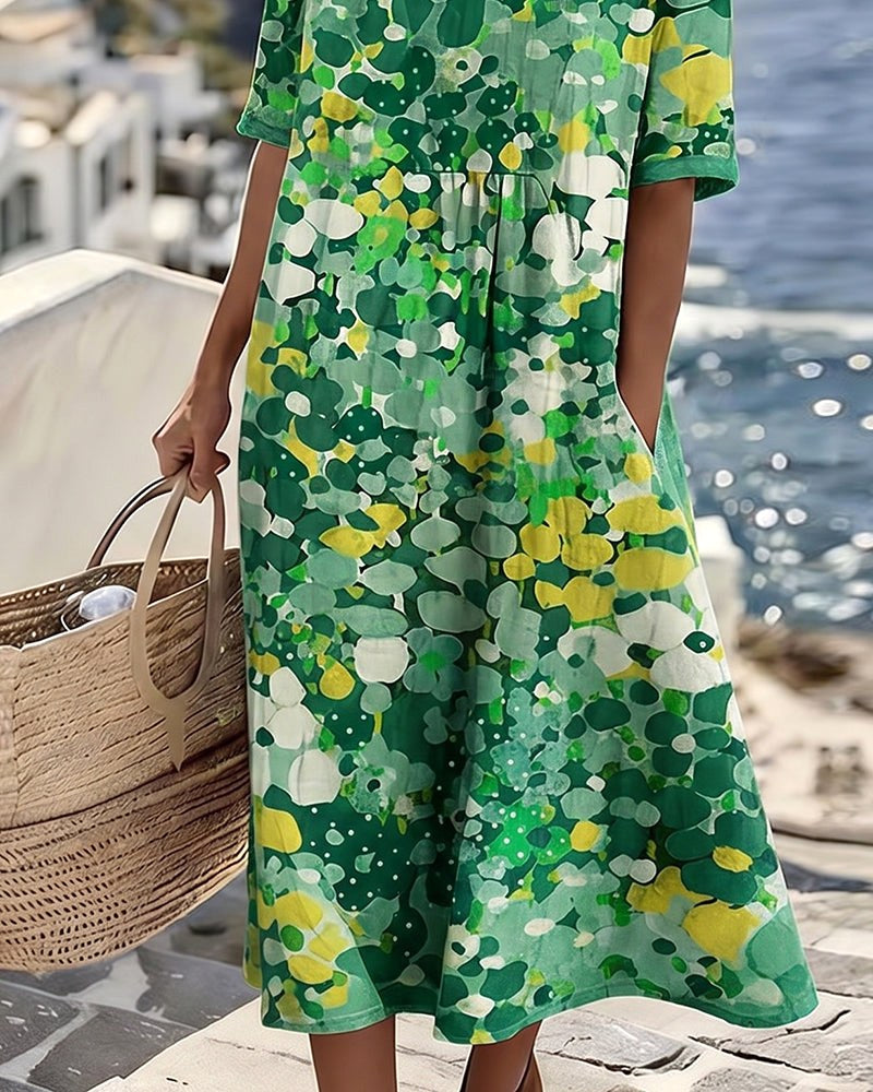 Mikayla | Women's Cotton-Linen Midi Dress, Abstract Floral Print Midi Dress | Direct Attire