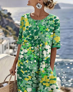 Mikayla | Women's Cotton-Linen Midi Dress, Abstract Floral Print Midi Dress | Direct Attire