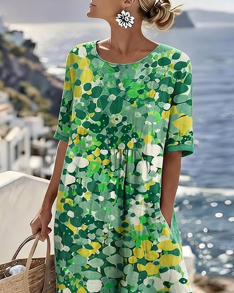 Mikayla | Women's Cotton-Linen Midi Dress, Abstract Floral Print Midi Dress | Direct Attire