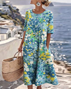 Mikayla | Women's Cotton-Linen Midi Dress, Abstract Floral Print Midi Dress | Direct Attire