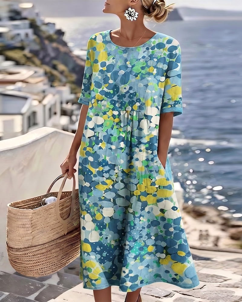Mikayla | Women's Cotton-Linen Midi Dress, Abstract Floral Print Midi Dress | Direct Attire