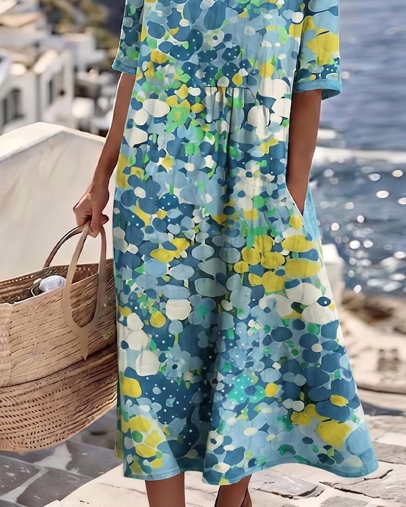 Mikayla | Women's Cotton-Linen Midi Dress, Abstract Floral Print Midi Dress | Direct Attire
