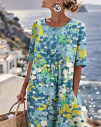 Mikayla | Women's Cotton-Linen Midi Dress, Abstract Floral Print Midi Dress | Direct Attire