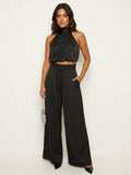 Monique | Women's Satin Halter Neck Two-Piece Set, Wide-Leg Occasion Suit | Direct Attire | Zwart