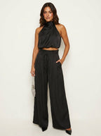 Monique | Women's Satin Halter Neck Two-Piece Set, Wide-Leg Occasion Suit | Direct Attire | Zwart