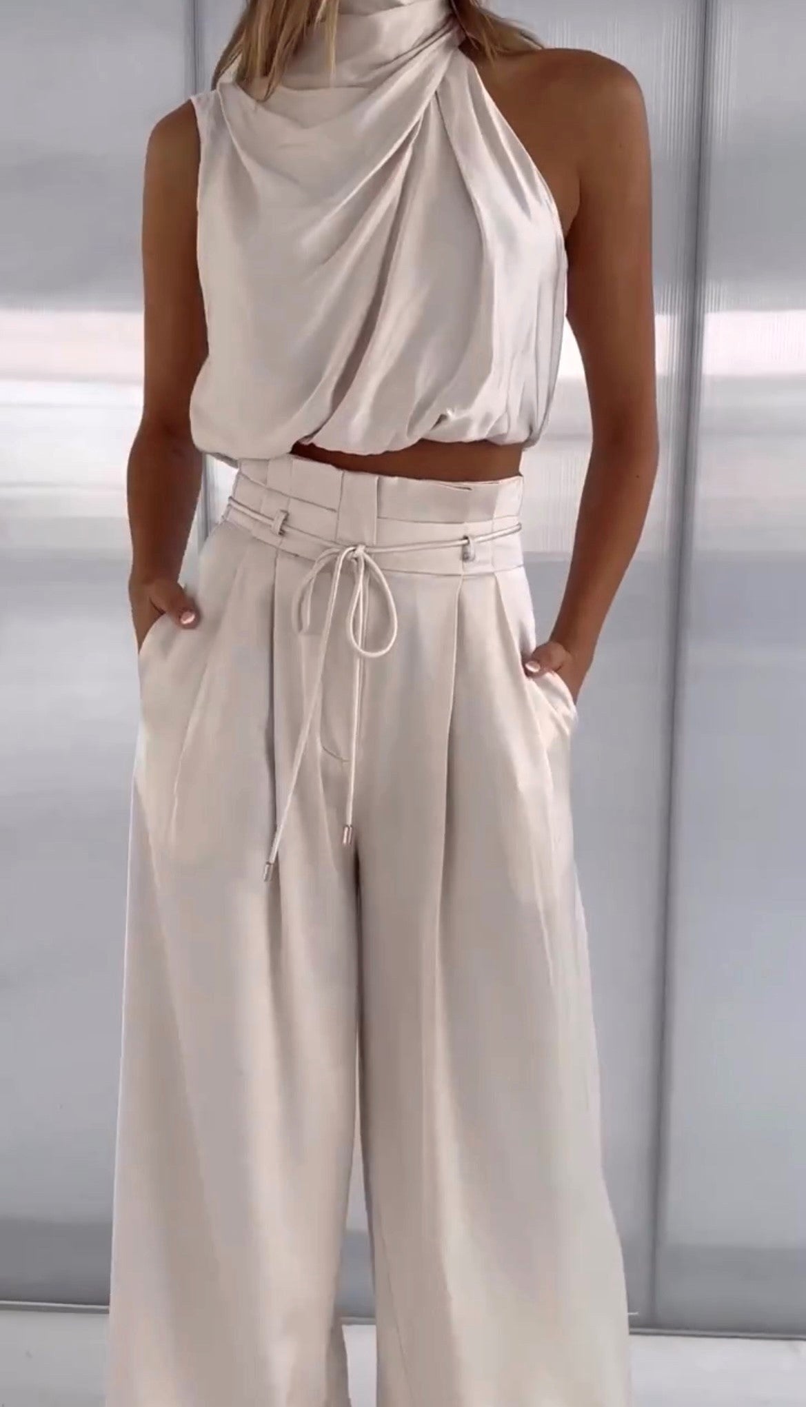 Monique | Women's Satin Halter Neck Two-Piece Set, Wide-Leg Occasion Suit | Direct Attire