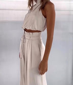 Monique | Women's Satin Halter Neck Two-Piece Set, Wide-Leg Occasion Suit | Direct Attire