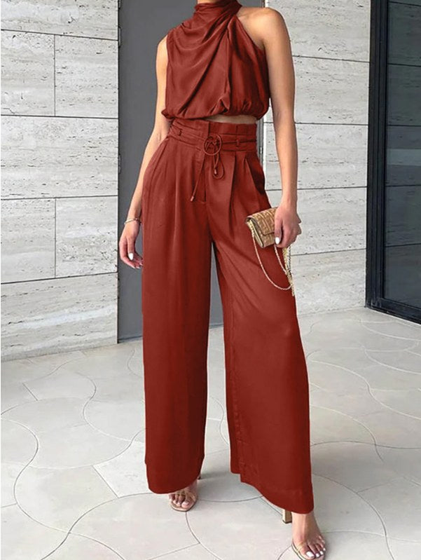 Monique | Women's Satin Halter Neck Two-Piece Set, Wide-Leg Occasion Suit | Direct Attire