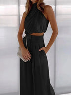 Monique | Women's Satin Halter Neck Two-Piece Set, Wide-Leg Occasion Suit | Direct Attire