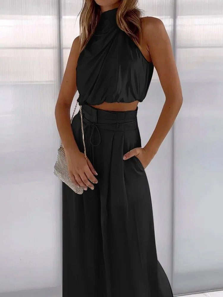 Monique | Women's Satin Halter Neck Two-Piece Set, Wide-Leg Occasion Suit | Direct Attire