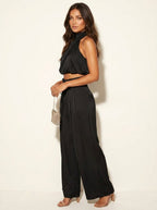 Monique | Women's Satin Halter Neck Two-Piece Set, Wide-Leg Occasion Suit | Direct Attire | Champagne