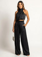 Monique | Women's Satin Halter Neck Two-Piece Set, Wide-Leg Occasion Suit | Direct Attire | Rood