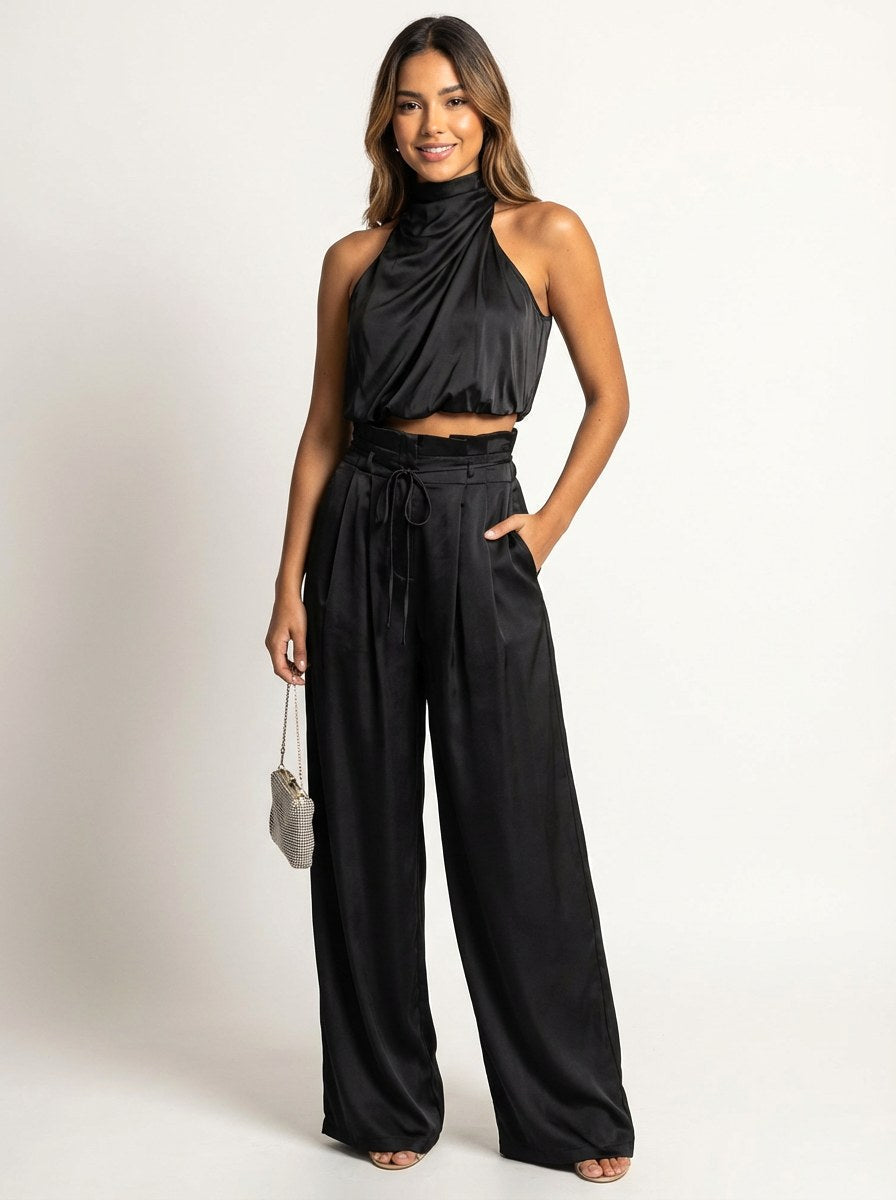 Monique | Women's Satin Halter Neck Two-Piece Set, Wide-Leg Occasion Suit | Direct Attire | Rood