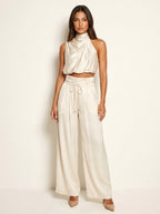 Monique | Women's Satin Halter Neck Two-Piece Set, Wide-Leg Occasion Suit | Direct Attire