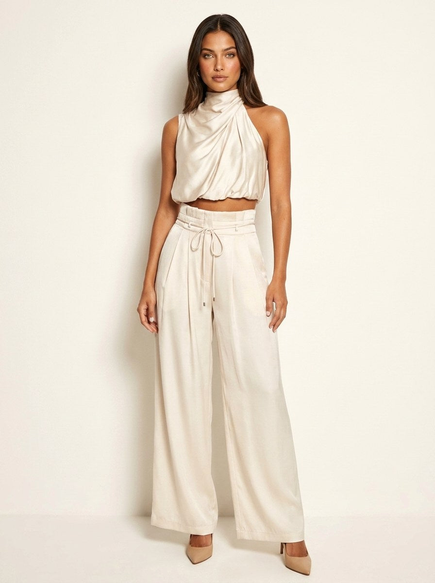 Monique | Women's Satin Halter Neck Two-Piece Set, Wide-Leg Occasion Suit | Direct Attire