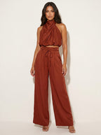 Monique | Women's Satin Halter Neck Two-Piece Set, Wide-Leg Occasion Suit | Direct Attire
