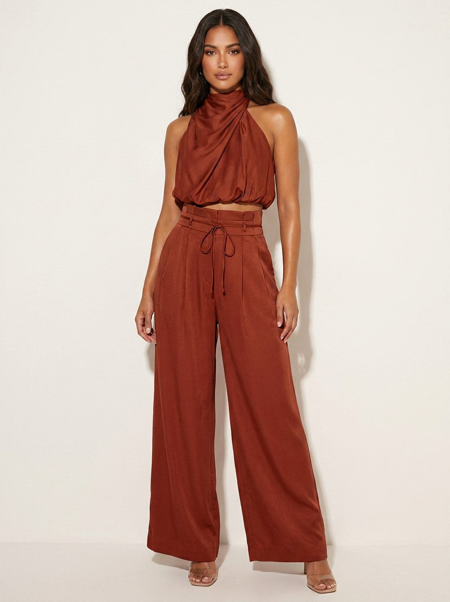 Monique | Women's Satin Halter Neck Two-Piece Set, Wide-Leg Occasion Suit | Direct Attire
