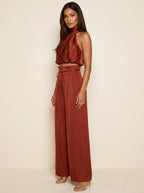 Monique | Women's Satin Halter Neck Two-Piece Set, Wide-Leg Occasion Suit | Direct Attire