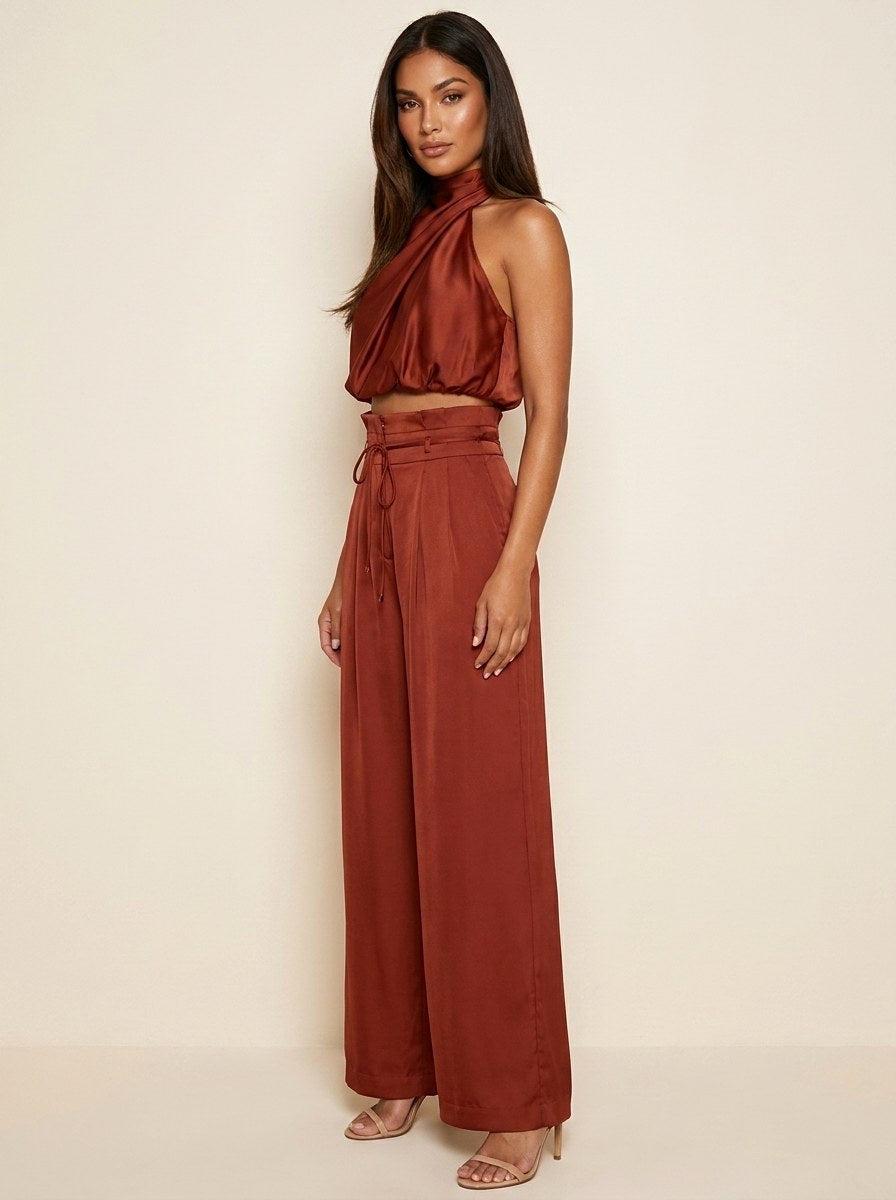 Monique | Women's Satin Halter Neck Two-Piece Set, Wide-Leg Occasion Suit | Direct Attire