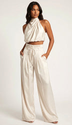 Monique | Women's Satin Halter Neck Two-Piece Set, Wide-Leg Occasion Suit | Direct Attire