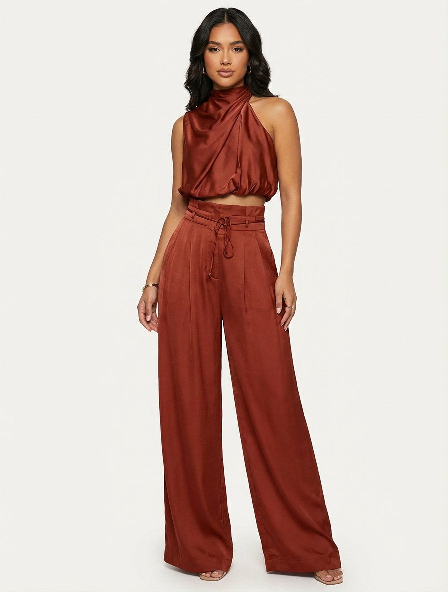 Monique | Women's Satin Halter Neck Two-Piece Set, Wide-Leg Occasion Suit | Direct Attire
