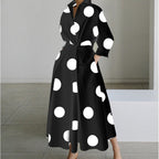 Naomi | Women's Collared Wrap Maxi Dress, Front Wrap Evening Dress | Direct Attire | Black Polka