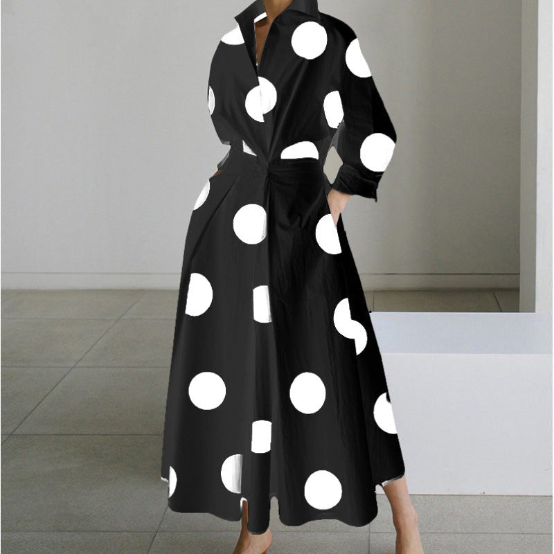 Naomi | Women's Collared Wrap Maxi Dress, Front Wrap Evening Dress | Direct Attire | Black Polka