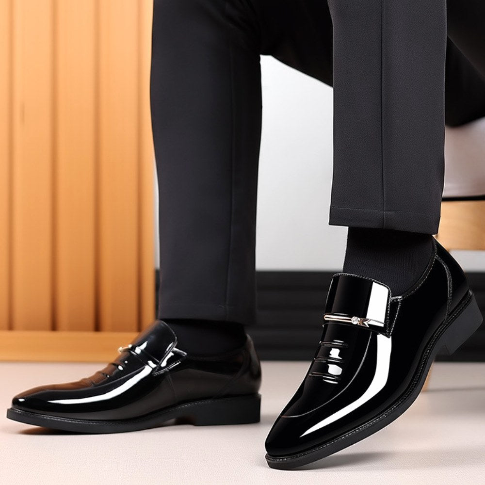 Ned | Men's Patent Leather Loafers, Slip-On Dress Loafers | Direct Attire | Black Brogue