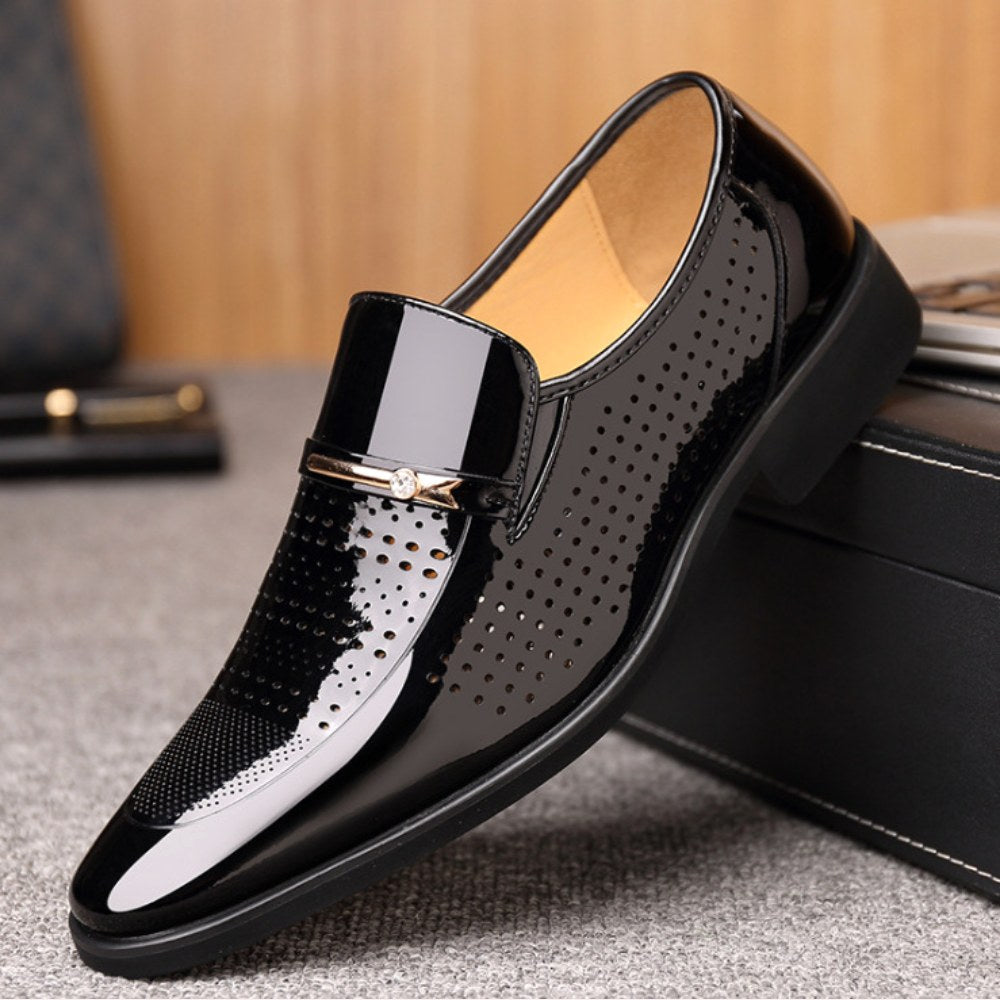 Ned | Men's Patent Leather Loafers, Slip-On Dress Loafers | Direct Attire | Brown Brogue