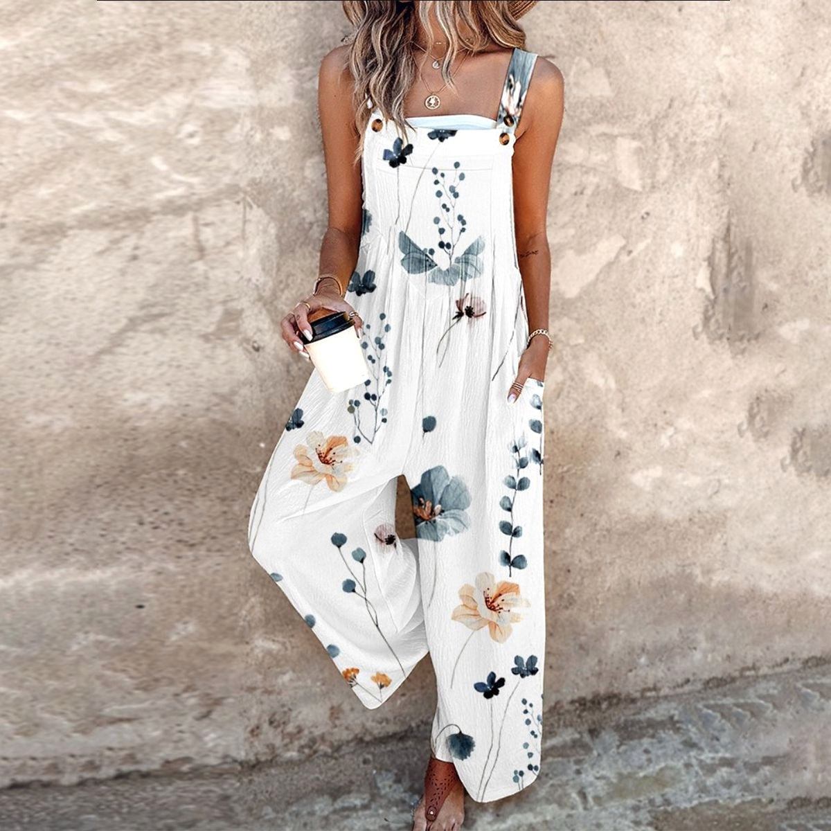 Nerida | Women's Floral Wide-Leg Jumpsuit, Square-Neck Sleeveless Jumpsuit | Direct Attire | White