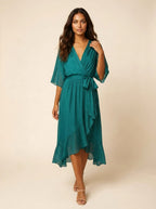 Paige | Women's Flowy Midi Wrap Dress with Tie Waist, V-Neck Midi Dress | Direct Attire | Groen