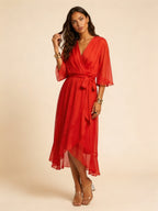 Paige | Women's Flowy Midi Wrap Dress with Tie Waist, V-Neck Midi Dress | Direct Attire | Oranje