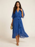 Paige | Women's Flowy Midi Wrap Dress with Tie Waist, V-Neck Midi Dress | Direct Attire | Zwart