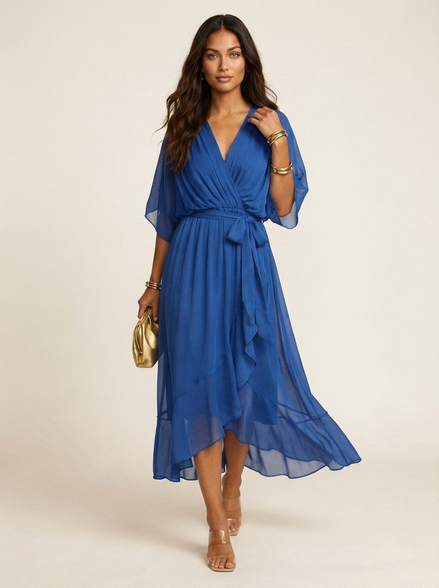 Paige | Women's Flowy Midi Wrap Dress with Tie Waist, V-Neck Midi Dress | Direct Attire | Zwart