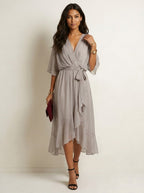 Paige | Women's Flowy Midi Wrap Dress with Tie Waist, V-Neck Midi Dress | Direct Attire | Blauw