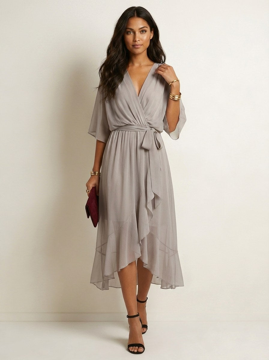 Paige | Women's Flowy Midi Wrap Dress with Tie Waist, V-Neck Midi Dress | Direct Attire | Blauw