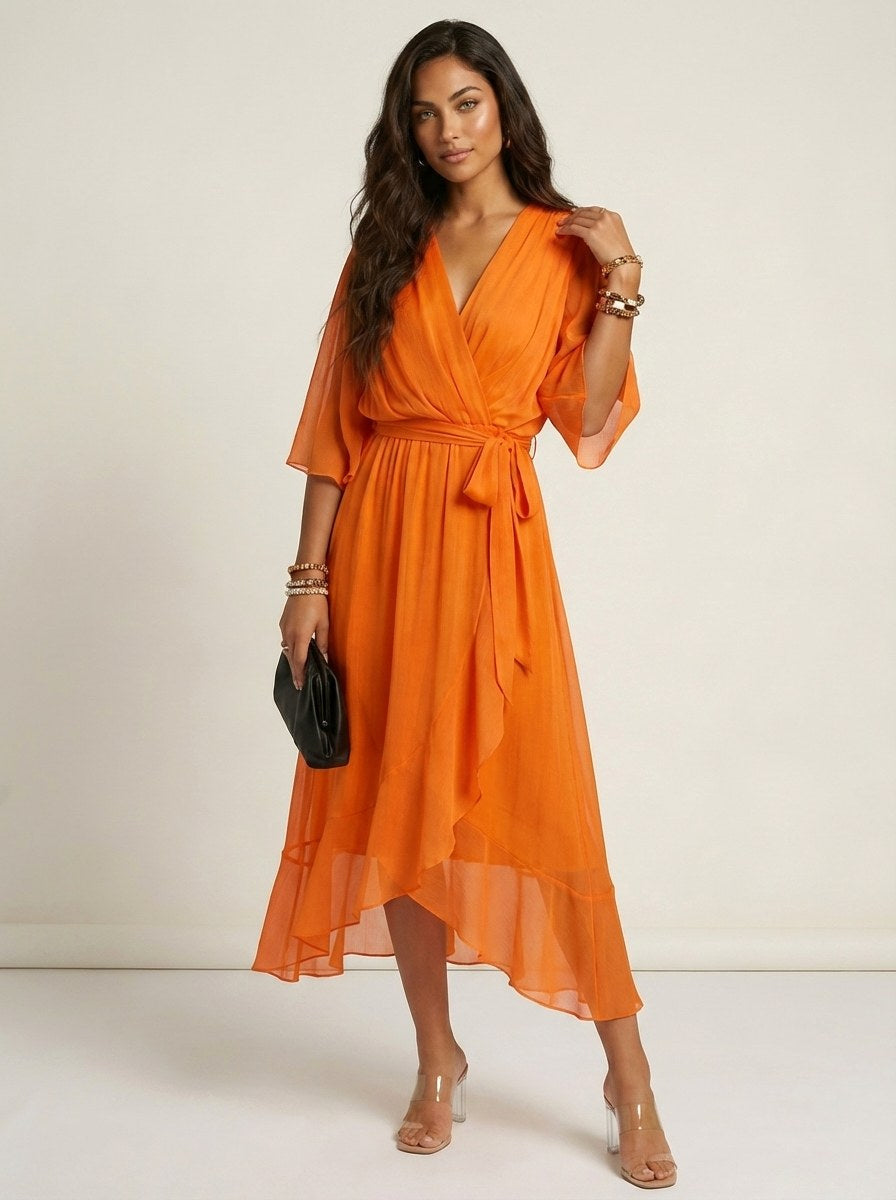 Paige | Women's Flowy Midi Wrap Dress with Tie Waist, V-Neck Midi Dress | Direct Attire | Donkerpaars