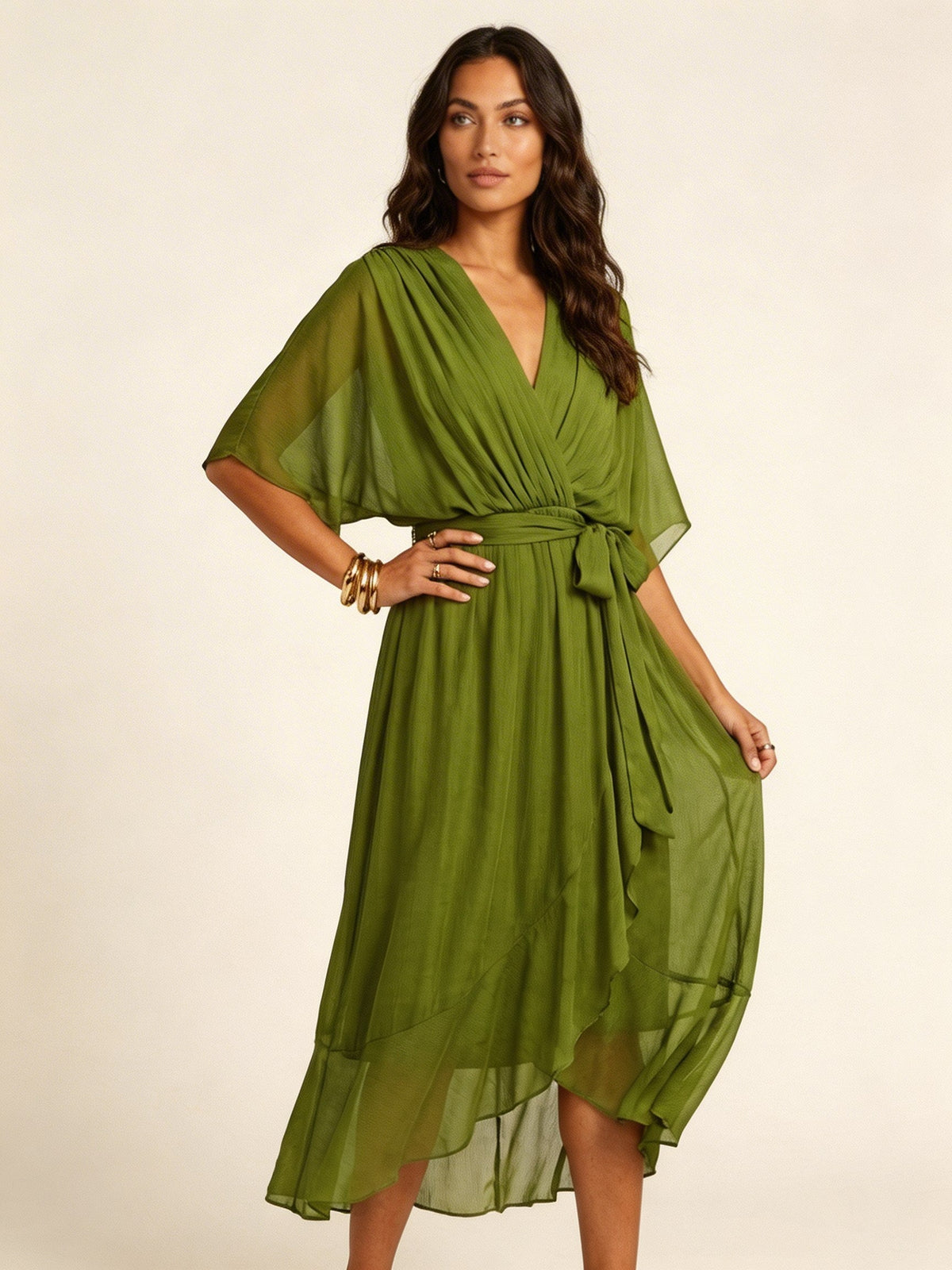 Paige | Women's Flowy Midi Wrap Dress with Tie Waist, V-Neck Midi Dress | Direct Attire | Grijs