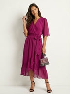 Paige | Women's Flowy Midi Wrap Dress with Tie Waist, V-Neck Midi Dress | Direct Attire | Wit