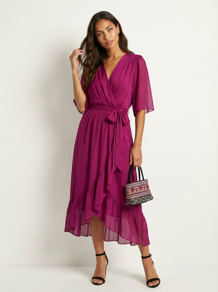Paige | Women's Flowy Midi Wrap Dress with Tie Waist, V-Neck Midi Dress | Direct Attire | Wit