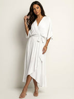 Paige | Women's Flowy Midi Wrap Dress with Tie Waist, V-Neck Midi Dress | Direct Attire | Paars
