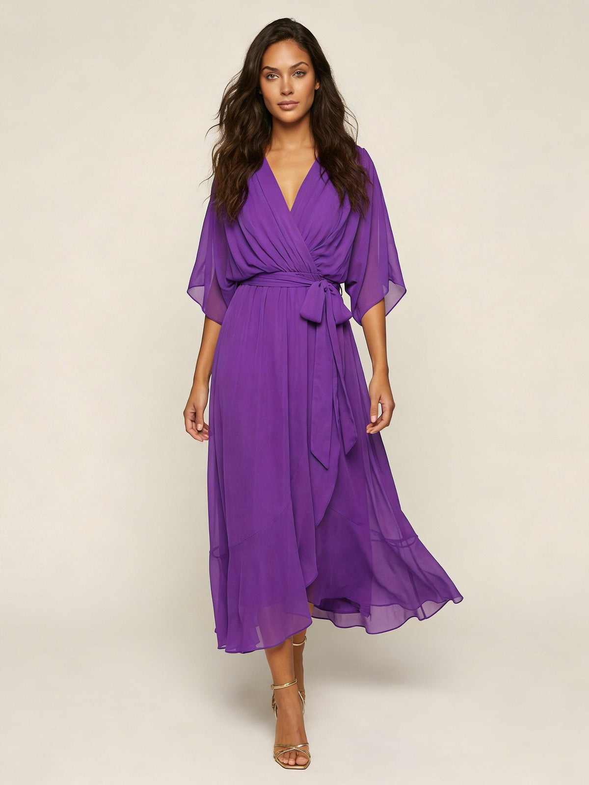 Paige | Women's Flowy Midi Wrap Dress with Tie Waist, V-Neck Midi Dress | Direct Attire | Rood