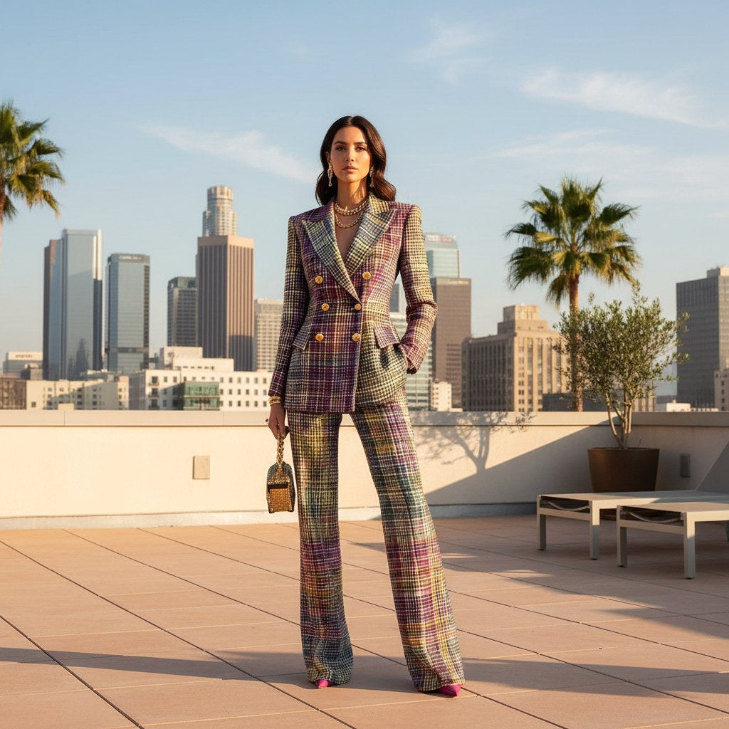 Peyton | Women's Multicolor Plaid Double-Breasted Two-Piece Set, Coordinated Summer Outfit for Holidays and Casual Wear, Coordinated Summer Outfit for Holidays and Casual Wear - Multicolor