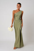 Rachael | Women's One-Shoulder Satin-Look Maxi Dress, High-Split Evening Dress | Direct Attire | Groen
