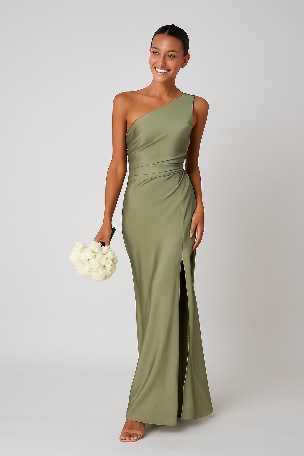 Rachael | Women's One-Shoulder Satin-Look Maxi Dress, High-Split Evening Dress | Direct Attire | Groen