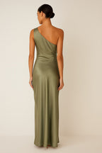 Rachael | Women's One-Shoulder Satin-Look Maxi Dress, High-Split Evening Dress | Direct Attire | Blauw