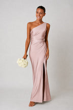 Rachael | Women's One-Shoulder Satin-Look Maxi Dress, High-Split Evening Dress | Direct Attire | Zwart