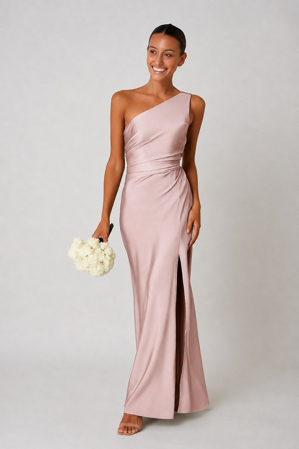 Rachael | Women's One-Shoulder Satin-Look Maxi Dress, High-Split Evening Dress | Direct Attire | Zwart